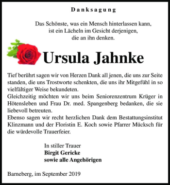 Traueranzeige von Ursula Jahnke  von Magdeburger Volksstimme