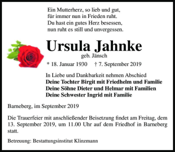 Traueranzeige von Ursula Jahnke (geb. Jänsch)  von Magdeburger Volksstimme