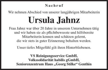 Traueranzeige von Ursula Jahnz  von Magdeburger Volksstimme