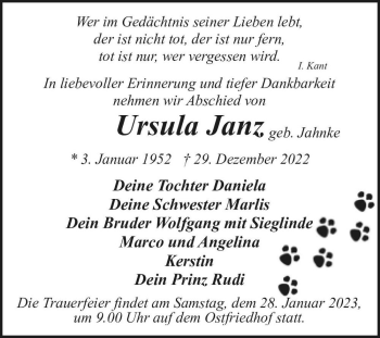 Traueranzeige von Ursula Janz (geb. Jahnke)  von Magdeburger Volksstimme