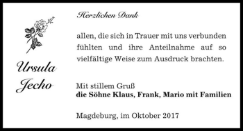 Traueranzeige von Ursula Jecho  von Magdeburger Volksstimme