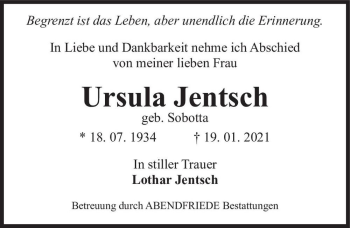 Traueranzeige von Ursula Jentsch (geb. Sobotta)  von Magdeburger Volksstimme