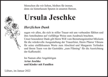 Traueranzeige von Ursula Jeschke  von Magdeburger Volksstimme