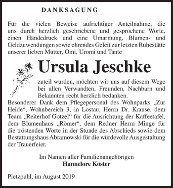 Traueranzeige von Ursula Jeschke  von Magdeburger Volksstimme
