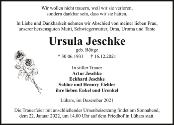 Traueranzeige von Ursula Jeschke (geb. Böttge)  von Magdeburger Volksstimme