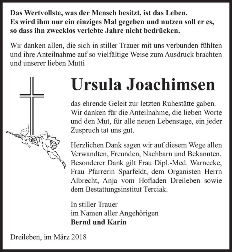  Traueranzeige für Ursula Joachimsen  vom 03.03.2018 aus Magdeburger Volksstimme