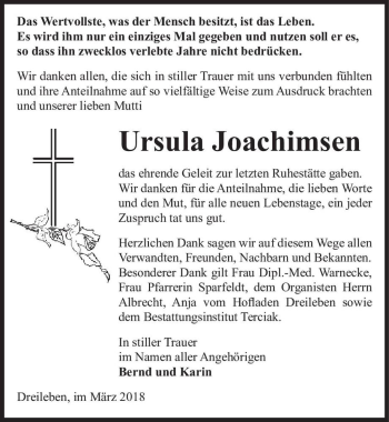 Traueranzeige von Ursula Joachimsen  von Magdeburger Volksstimme