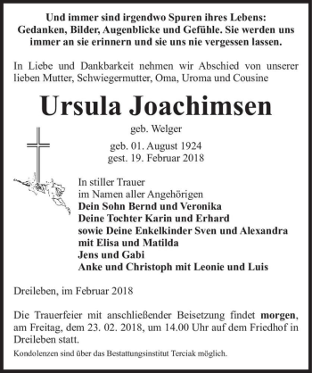 Traueranzeige von Ursula Joachimsim (geb. Welger)  von Magdeburger Volksstimme