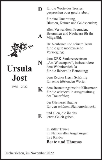 Traueranzeige von Ursula Jost  von Magdeburger Volksstimme
