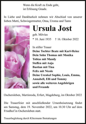 Traueranzeige von Ursula Jost (geb. Mövius)  von Magdeburger Volksstimme