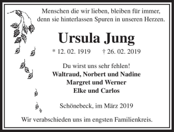 Traueranzeige von Ursula Jung  von Magdeburger Volksstimme