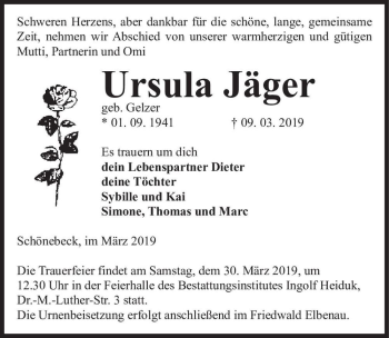 Traueranzeige von Ursula Jäger (geb. Gelzer)  von Magdeburger Volksstimme