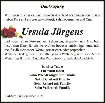 Traueranzeige von Ursula Jürgens  von Magdeburger Volksstimme