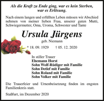 Traueranzeige von Ursula Jürgens (geb. Niemann)  von Magdeburger Volksstimme