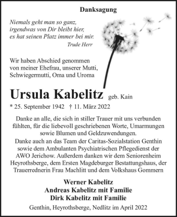 Traueranzeige von Ursula Kabelitz (geb. Kain)  von Magdeburger Volksstimme