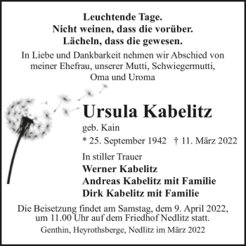 Traueranzeige von Ursula Kabelitz (geb. Kain)  von Magdeburger Volksstimme