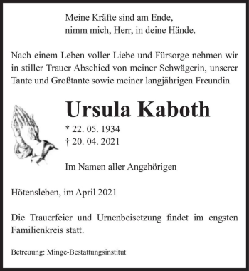 Traueranzeige von Ursula Kaboth  von Magdeburger Volksstimme