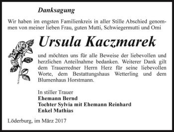 Traueranzeige von Ursula Kaczmarek  von Magdeburger Volksstimme
