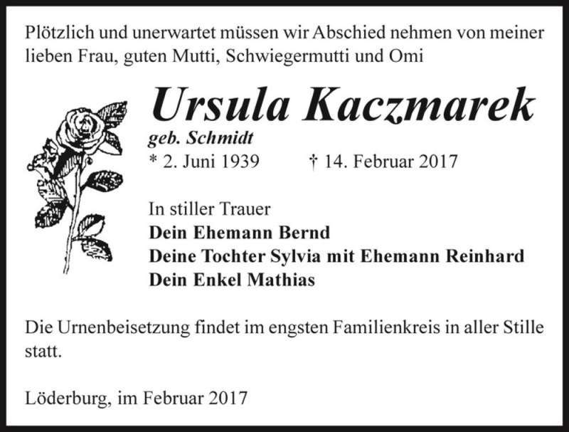  Traueranzeige für Ursula Kaczmarek (geb. Schmidt)  vom 18.02.2017 aus Magdeburger Volksstimme