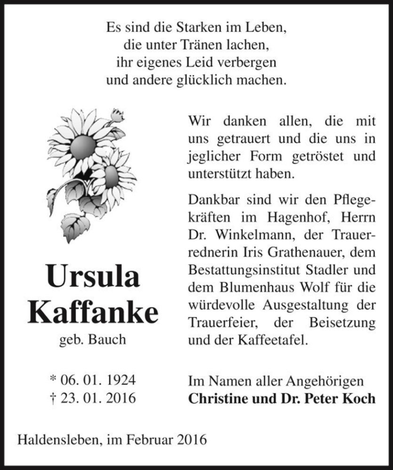  Traueranzeige für Ursula Kaffanke (geb. Bauch)  vom 05.02.2016 aus Magdeburger Volksstimme