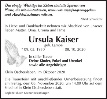 Traueranzeige von Ursula Kaiser (geb. Lampe)  von Magdeburger Volksstimme