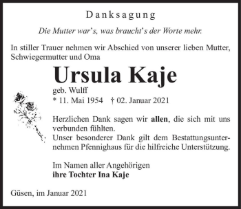 Traueranzeige von Ursula Kaje (geb. Wulff)  von Magdeburger Volksstimme