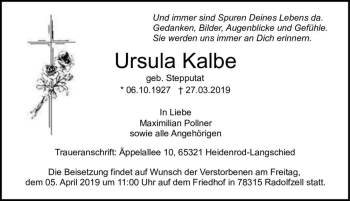 Traueranzeige von Ursula Kalbe (geb. Stepputat)  von Magdeburger Volksstimme
