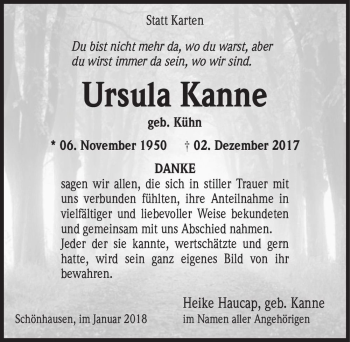 Traueranzeige von Ursula Kanne (geb. Kühn)  von Magdeburger Volksstimme