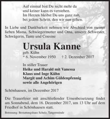 Traueranzeige von Ursula Kanne (geb. Kühn)  von Magdeburger Volksstimme
