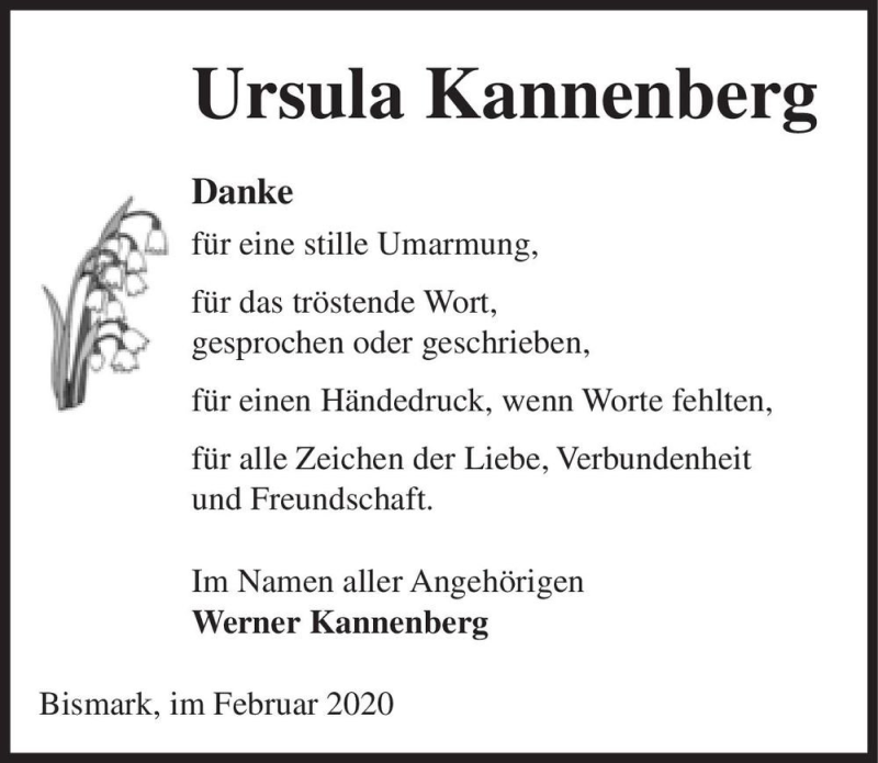  Traueranzeige für Ursula Kannenberg  vom 29.02.2020 aus Magdeburger Volksstimme