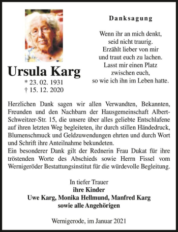 Traueranzeige von Ursula Karg  von Magdeburger Volksstimme