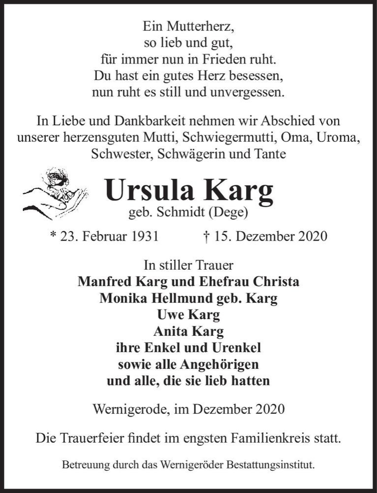  Traueranzeige für Ursula Karg (geb. Schmidt (Dege))  vom 24.12.2020 aus Magdeburger Volksstimme