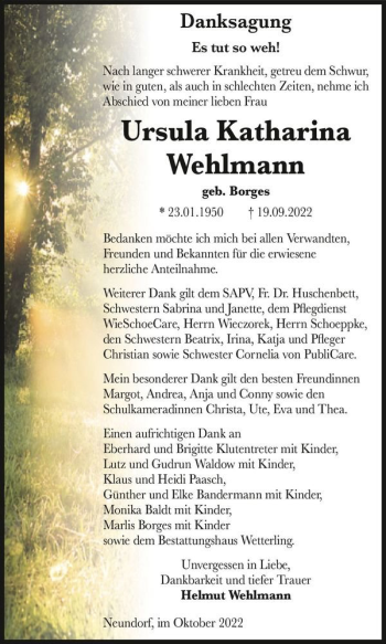 Traueranzeige von Ursula Katharina Wehlmann (geb. Borges)  von Magdeburger Volksstimme