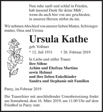 Traueranzeige von Ursula Kathe (geb. Vollmer)  von Magdeburger Volksstimme