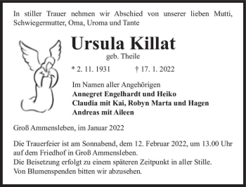 Traueranzeige von Ursula Killa6 (geb. Theile)  von Magdeburger Volksstimme