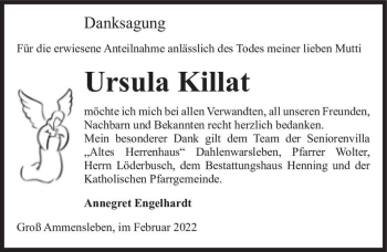 Traueranzeige von Ursula Killat  von Magdeburger Volksstimme