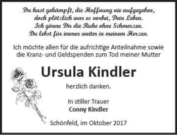 Traueranzeige von Ursula Kindler  von Magdeburger Volksstimme