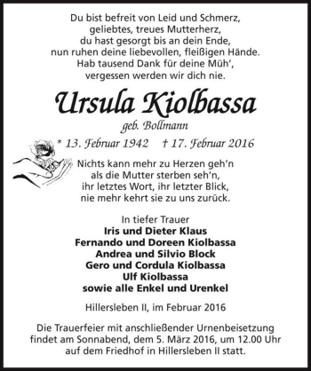 Traueranzeige von Ursula Kiolbassa (geb. Bollmann)  von Magdeburger Volksstimme