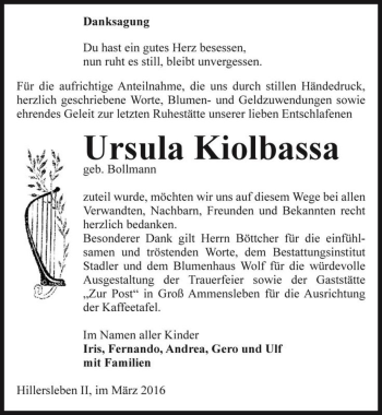 Traueranzeige von Ursula Kiolbassa (geb. Bollmann)  von Magdeburger Volksstimme
