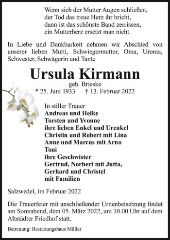 Traueranzeige von Ursula Kirmann (geb. Brieske)  von Magdeburger Volksstimme