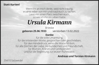 Traueranzeige von Ursula Kirmann (geb. Brieske)  von Magdeburger Volksstimme
