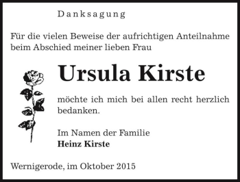 Traueranzeige von Ursula Kirste  von Magdeburger Volksstimme