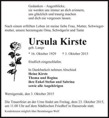 Traueranzeige von Ursula Kirste (geb. Lange)  von Magdeburger Volksstimme