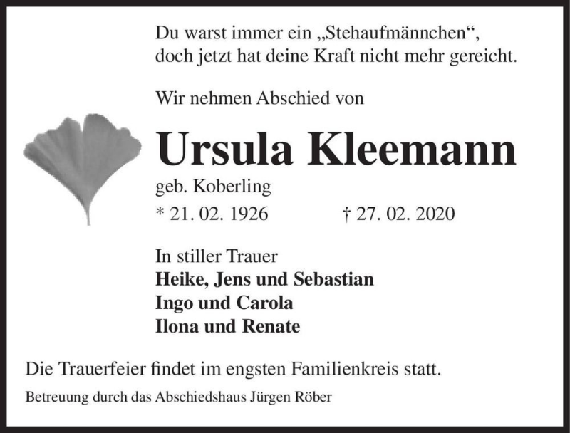  Traueranzeige für Ursula Kleemann (geb. Koberling)  vom 21.03.2020 aus Magdeburger Volksstimme