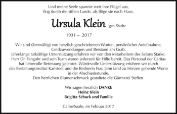 Traueranzeige von Ursula Klein (geb. Starke)  von Magdeburger Volksstimme