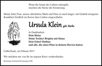 Traueranzeige von Ursula Klein (geb. Starke)  von Magdeburger Volksstimme
