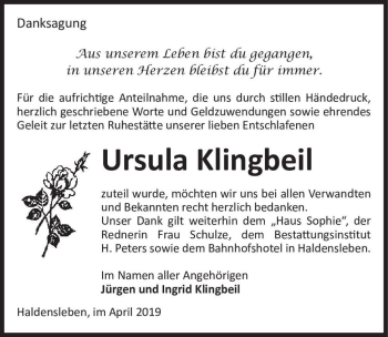 Traueranzeige von Ursula Klingbeil  von Magdeburger Volksstimme