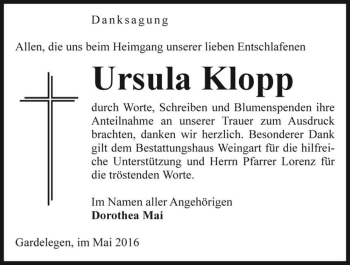Traueranzeige von Ursula Klopp  von Magdeburger Volksstimme