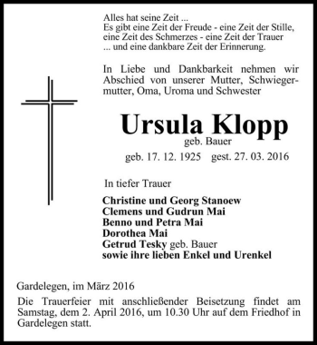 Traueranzeige von Ursula Klopp (geb. Bauer)  von Magdeburger Volksstimme