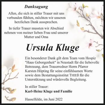 Traueranzeige von Ursula Kluge  von Magdeburger Volksstimme